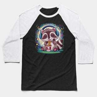 Funny raccoon eating noodles and enjoying music. Music lovers Baseball T-Shirt